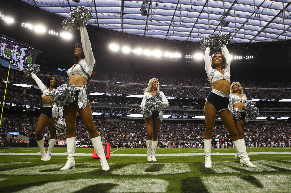 The Raiderettes perform before the start of an NFL game between the Raiders and Baltimore Raven ...