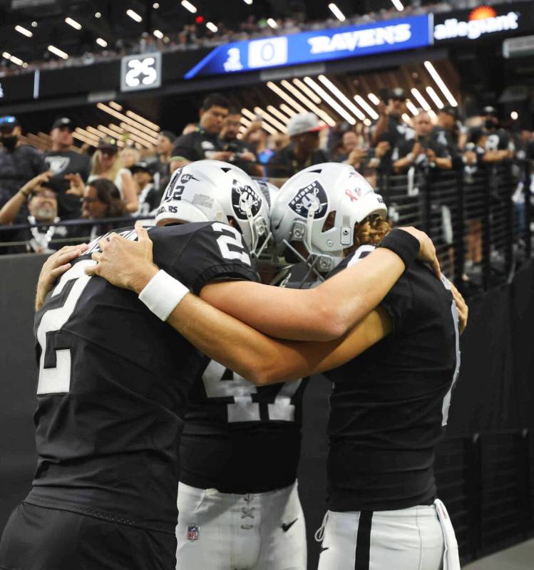 Raiders kicker Daniel Carlson (2), Raiders punter A.J. Cole (6) and Raiders long snapper Trent ...