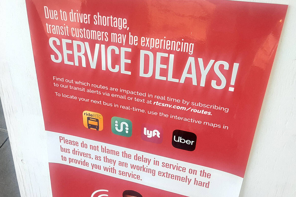 A sign explains service delays Wednesday, Sept. 15, 2021, at the Bonneville Transit Center, 101 ...