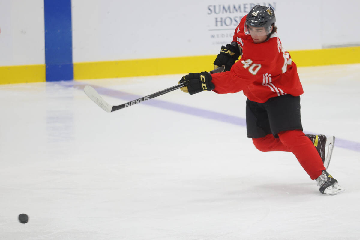 Vegas Golden Knights' Lukas Cormier (40) participates during rookie camp at City National Arena ...