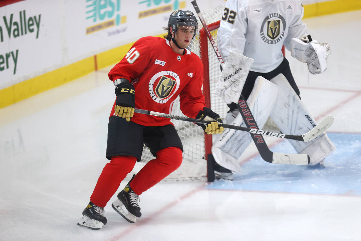 Vegas Golden Knights' Lukas Cormier (40) participates during rookie camp at City National Arena ...