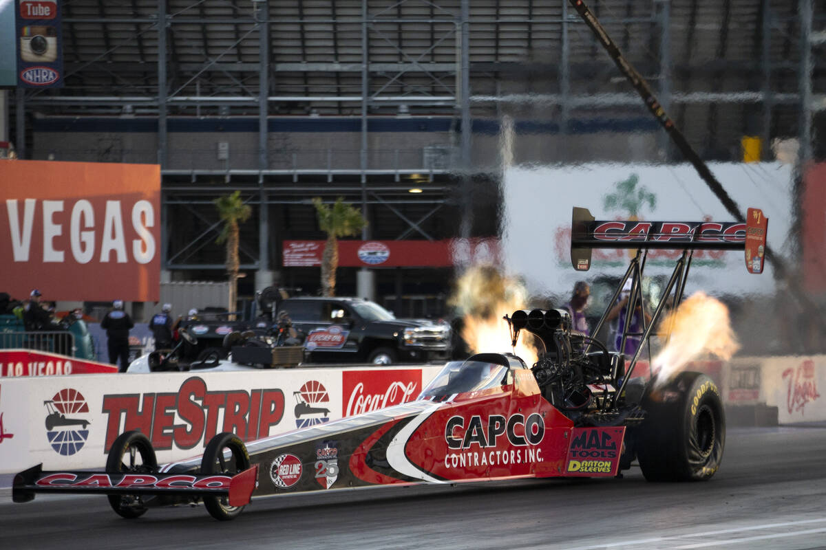 In this Nov. 1, 2020, file photo, driver Steve Torrence is seen in the Dodge NHRA Finals at Las ...