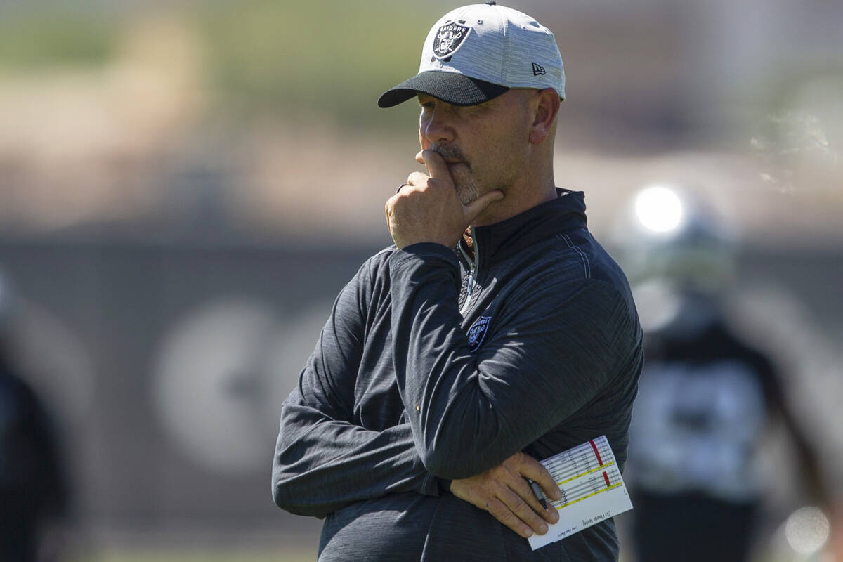Raiders defensive coordinator Gus Bradley looks on during team practice at the Raiders Headquar ...