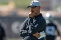 Raiders defensive coordinator Gus Bradley looks on during team practice at the Raiders Headquar ...