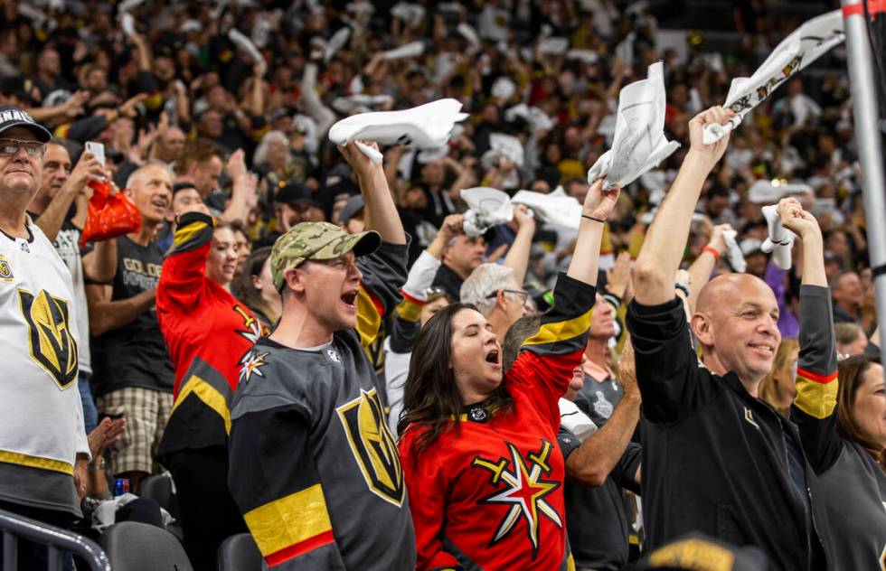 Golden Knights fans celebrate a goal against the Montreal Canadiens at T-Mobile Arena on Wednes ...