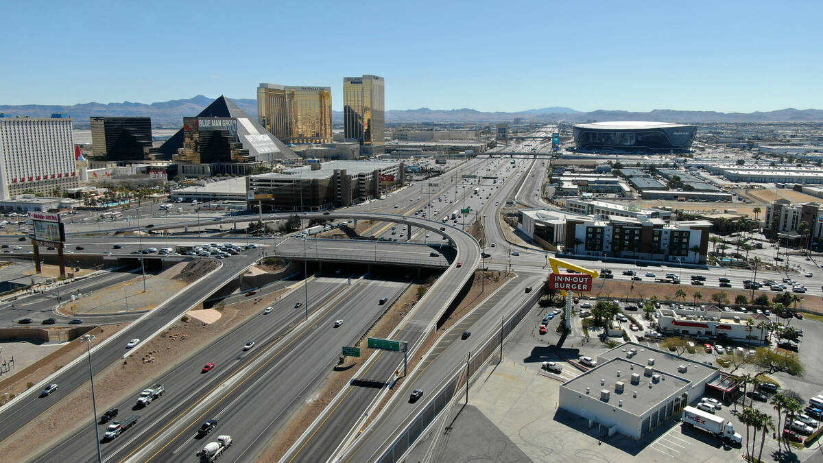 An aerial view of the interchange at Tropicana Avenue and Interstate 15 in Las Vegas, Nevada Tu ...