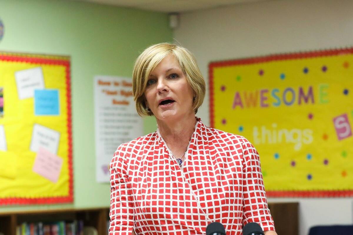 Rep. Susie Lee, D-Nev., addresses the media after touring Estes McDoniel Elementary with other ...