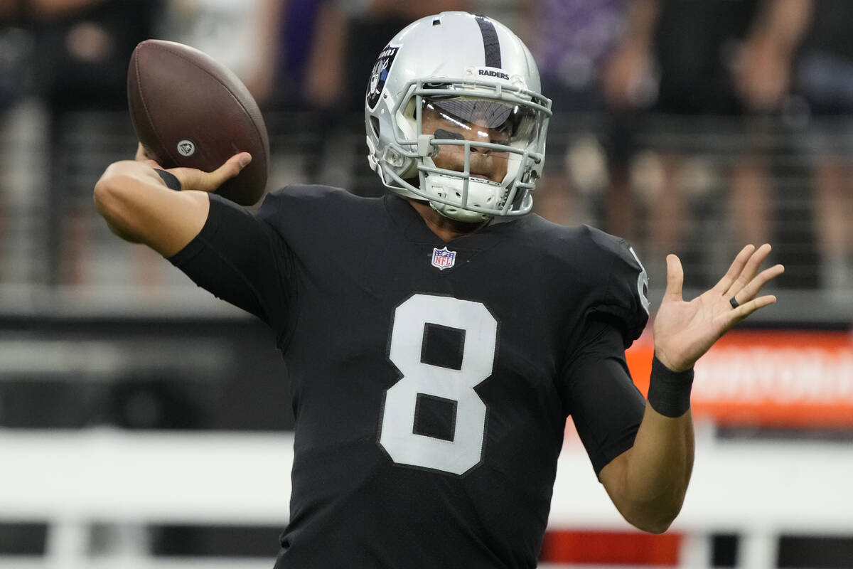 Las Vegas Raiders quarterback Marcus Mariota (8) during an NFL football game against the Baltim ...