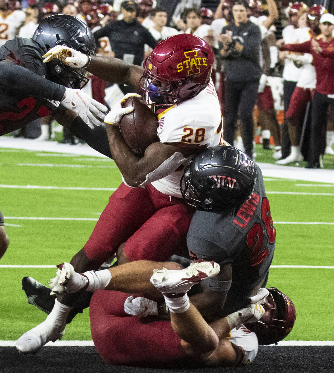 Iowa State CycloneÕs running back Breece Hall (28) goes for a touchdown as UNLV Rebels def ...