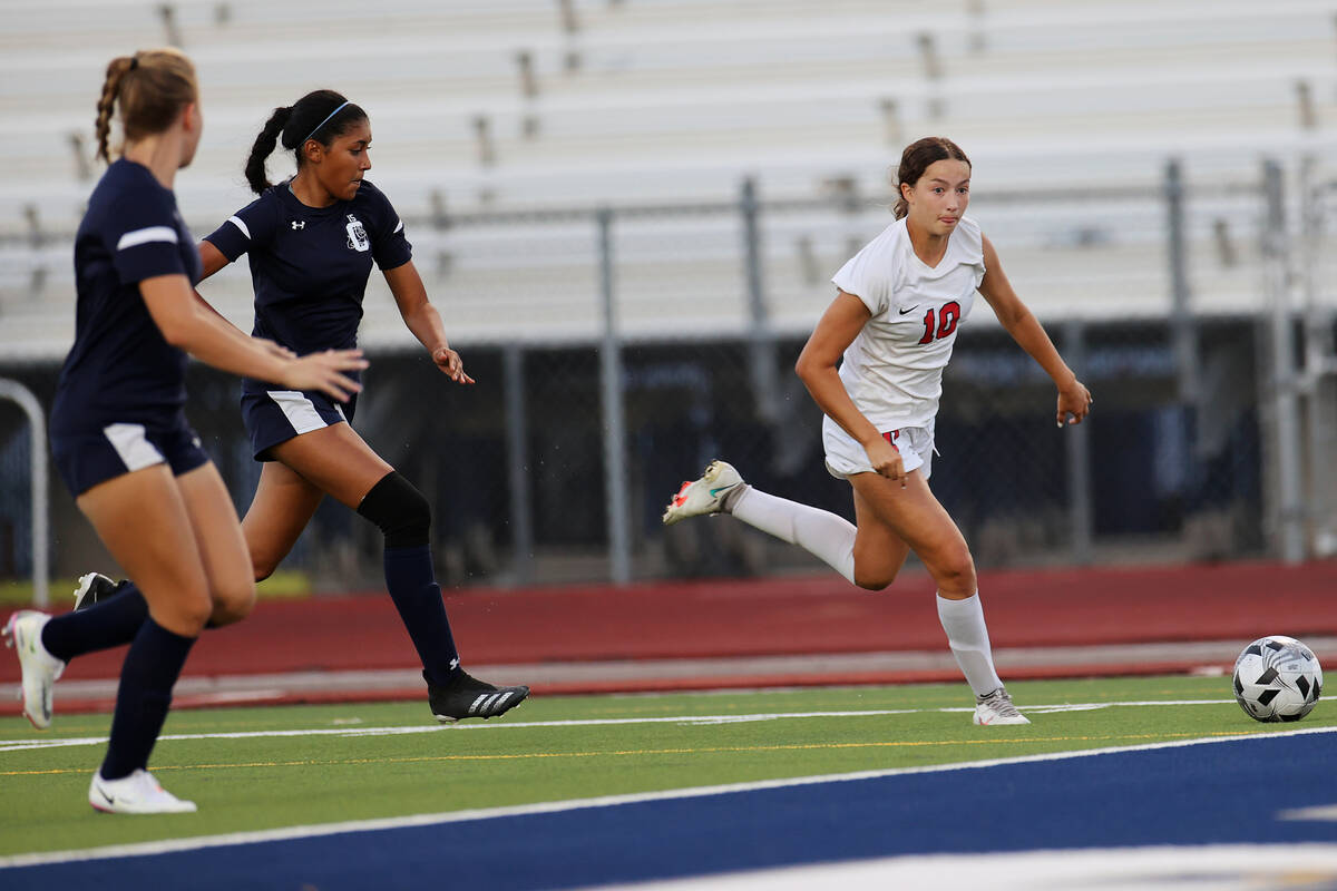 Coronado's Xayla Black (10) dribbles the ball away from Centennial defenders during the second ...