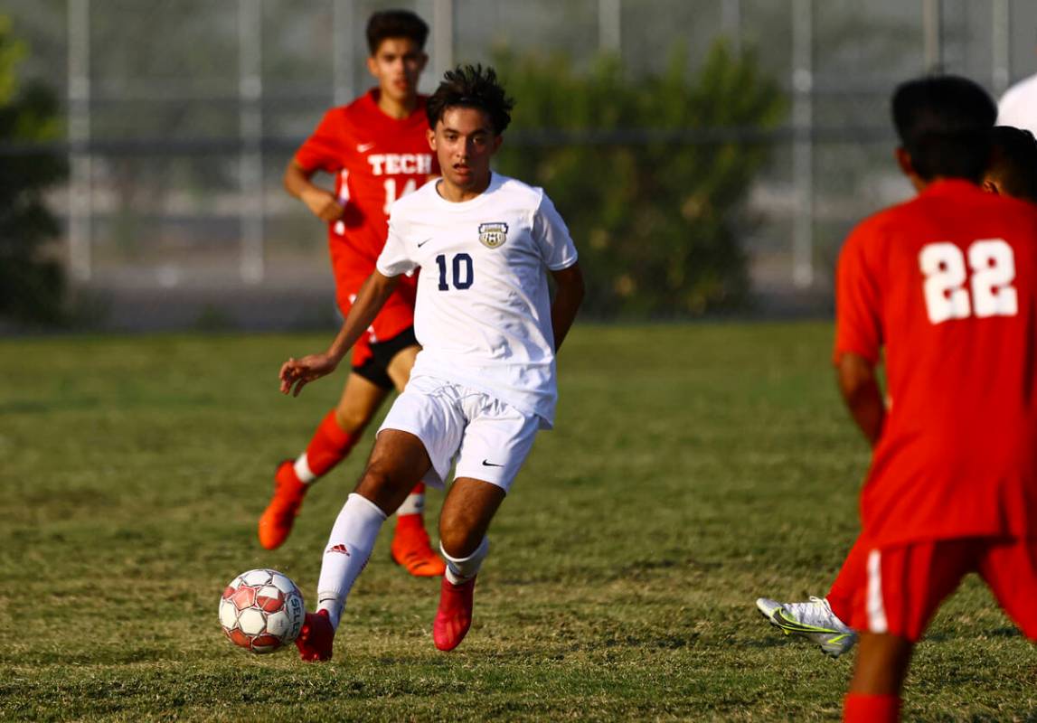 Spring Valley's Hrant Aleksanyan (10) moves the ball up the field during the first half of a so ...