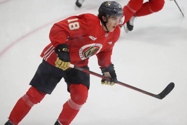 Vegas Golden Knights' Peyton Krebs (18) participates during rookie camp at City National Arena ...