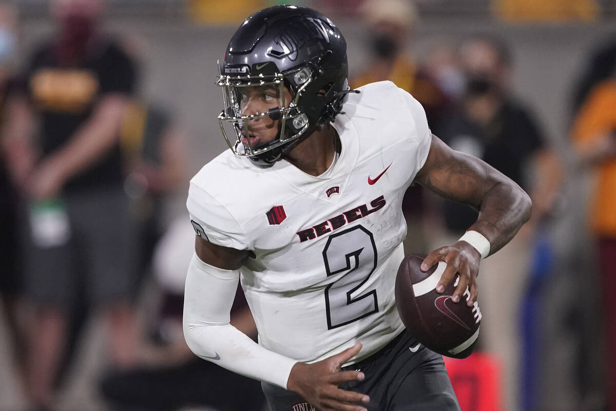 UNLV quarterback Doug Brumfield (2) against Arizona State during the second half of an NCAA col ...