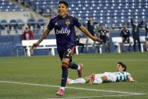 Seattle Sounders forward Raul Ruidiaz celebrates after he scored a goal past Santos Laguna midf ...