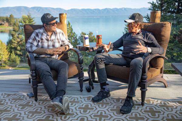 The Review Journal's John Katsilometes, left, speaks with Wayne Newton, right, at his ranch in ...