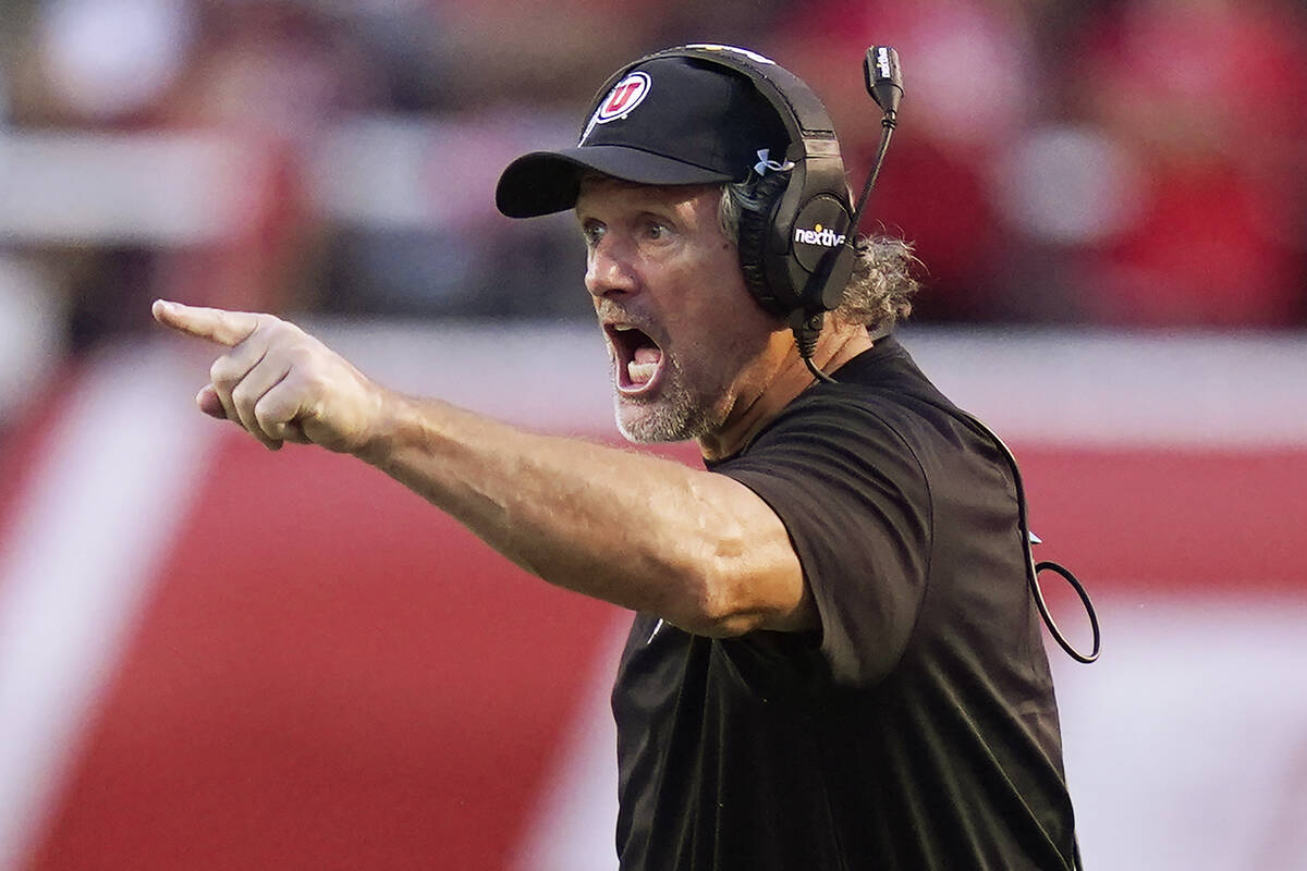 Utah coach Kyle Whittingham reacts to a call during the first half of the team's NCAA college f ...