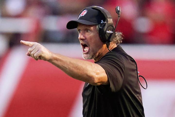 Utah coach Kyle Whittingham reacts to a call during the first half of the team's NCAA college f ...