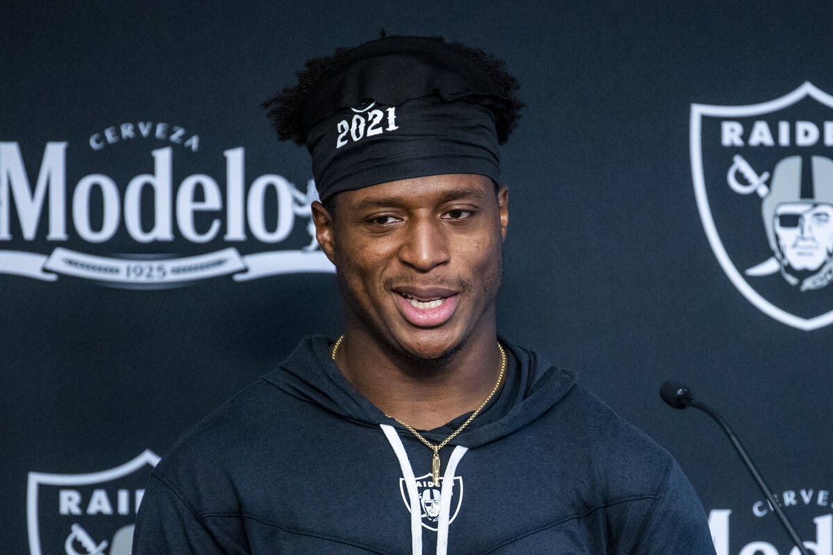 Raiders running back Kenyan Drake (23) speaks during a press conference at the Intermountain He ...