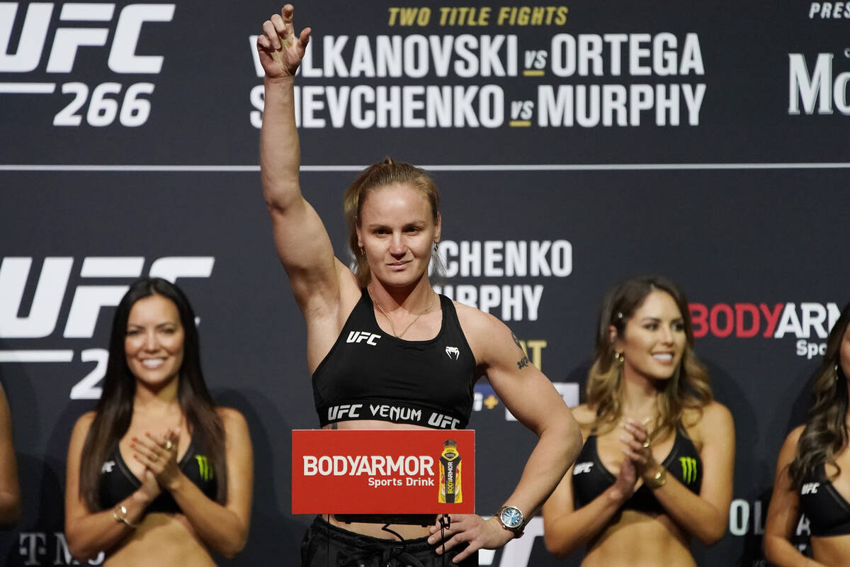 Valentina Shevchenko poses during a ceremonial weigh-in for a UFC 266 mixed martial arts bout F ...