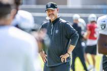 Raiders defensive coordinator Gus Bradley looks to his players during practice at the Intermoun ...