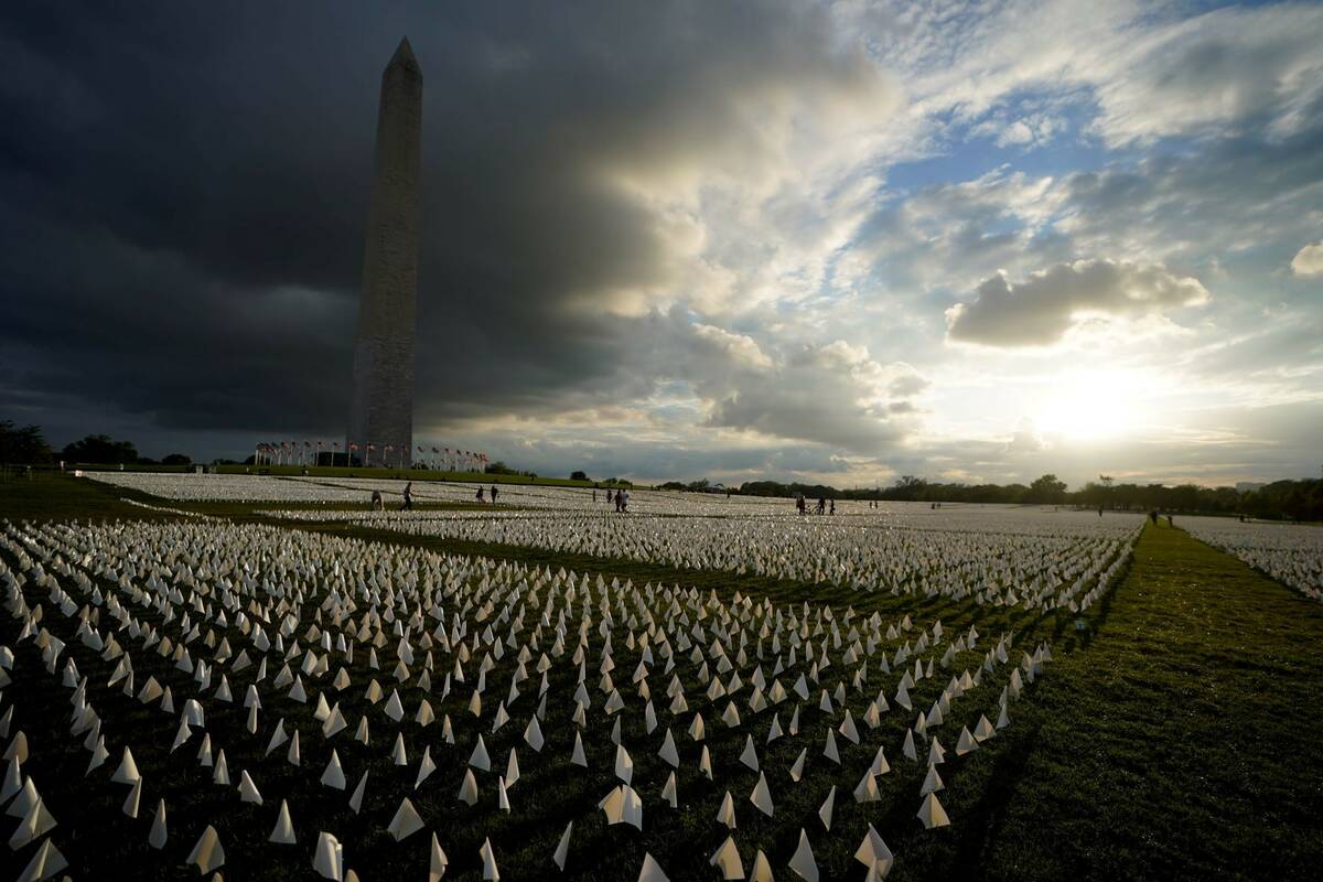 With the Washington Monument in the background, white flags are displays as part of artist Suza ...