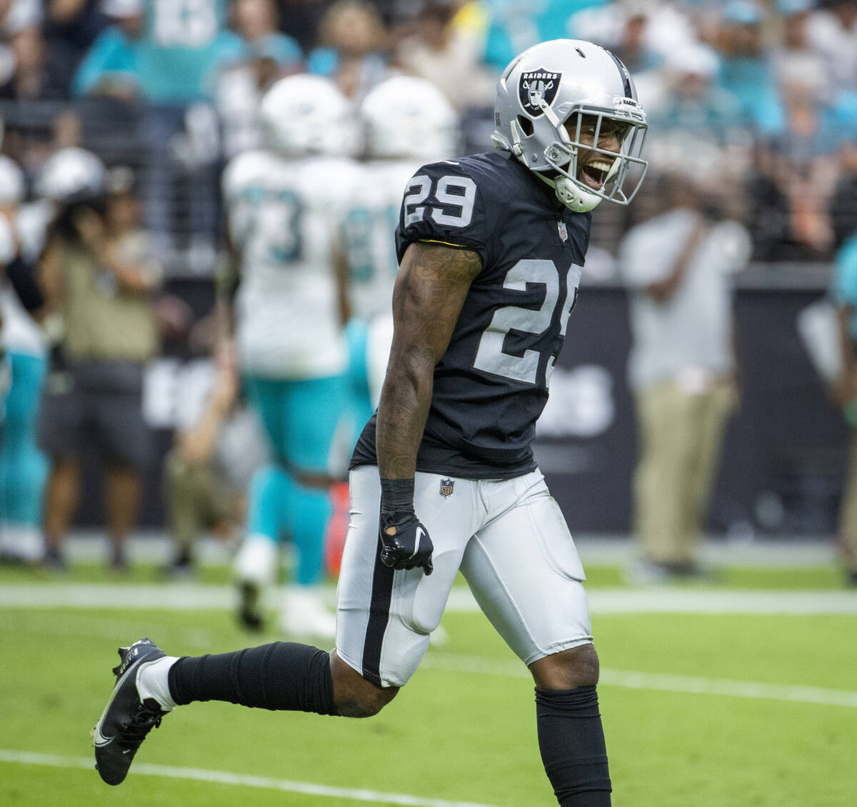 Las Vegas Raiders cornerback Casey Hayward (29) is pumped after a safety during the first half ...