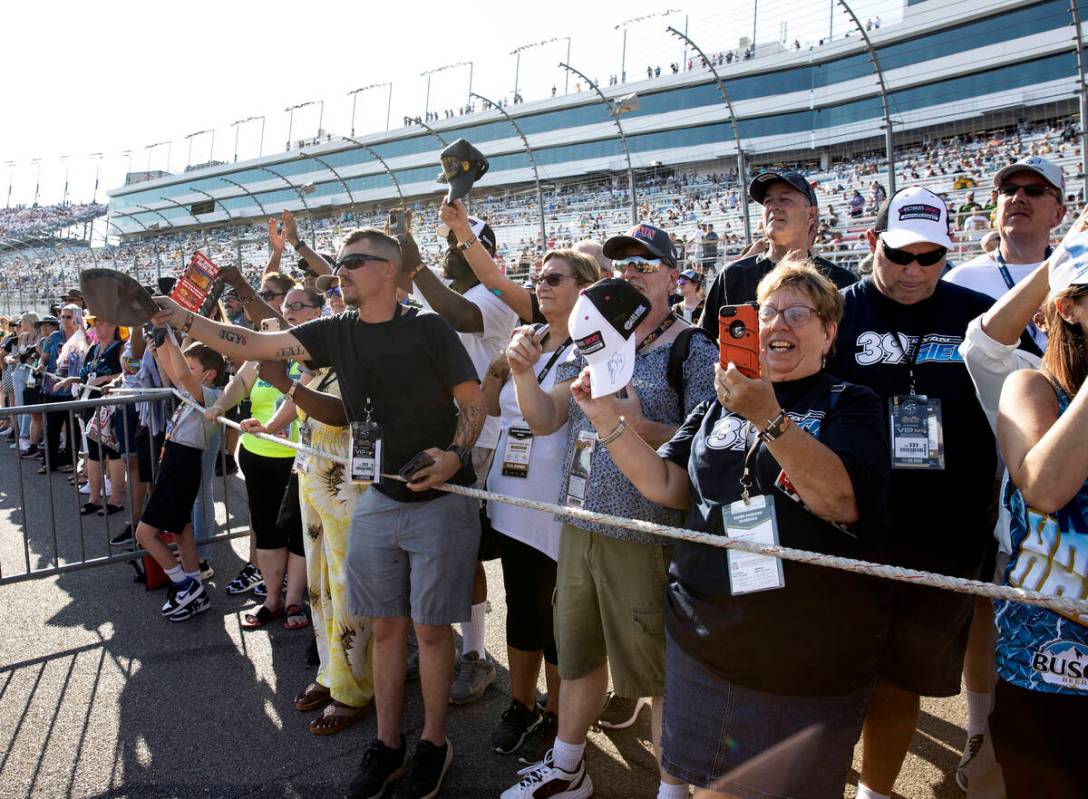 Fans cheer as drivers are introduced during the 4th Annual South Point 400 race at Las Vegas Mo ...