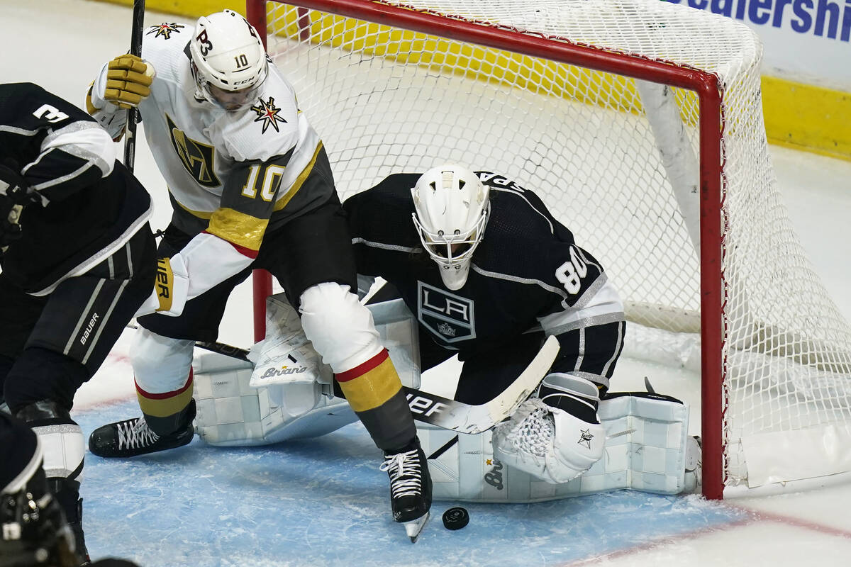 Los Angeles Kings goaltender Garret Sparks (80) makes a save against Vegas Golden Knights cente ...