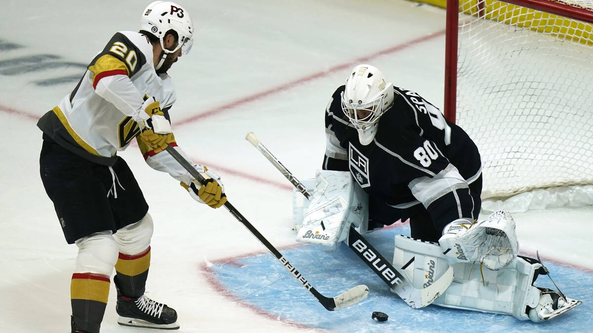 Los Angeles Kings goaltender Garret Sparks (80) makes a save against Vegas Golden Knights cente ...