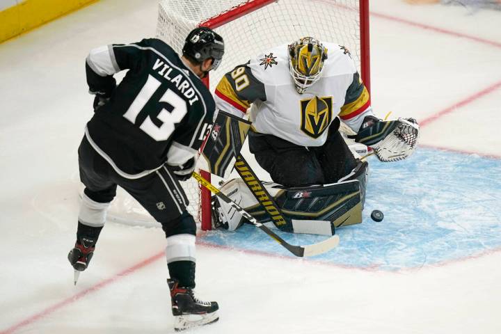 Vegas Golden Knights goaltender Robin Lehner (90) makes as save against Los Angeles Kings cente ...