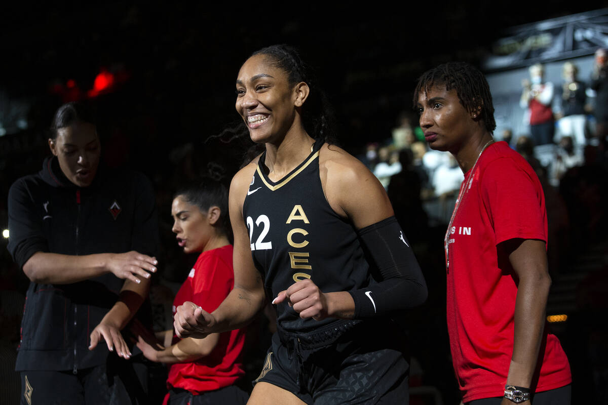 Las Vegas Aces forward A'ja Wilson (22) dances as she is announced in the starting lineup befor ...