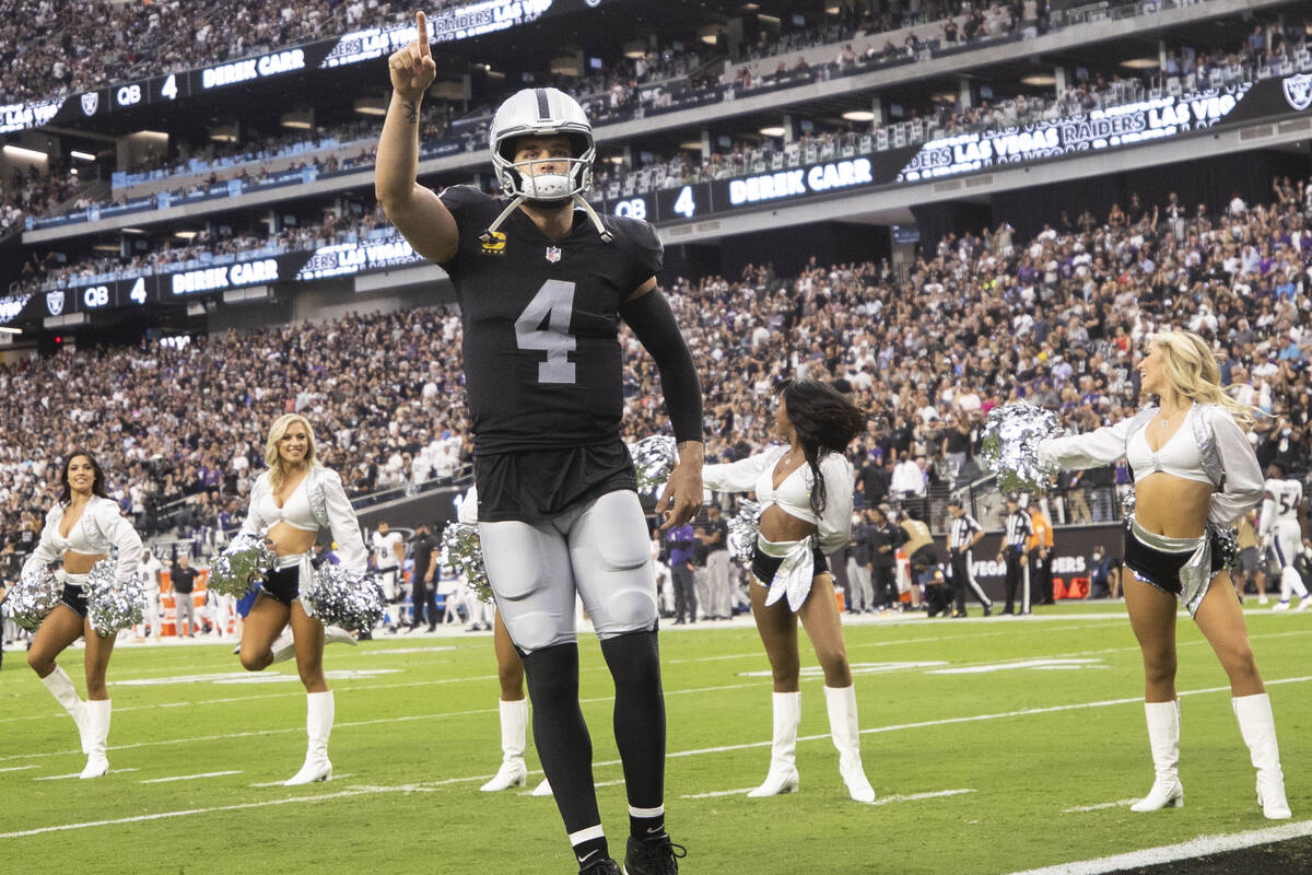 Raiders quarterback Derek Carr (4) salutes the crowd after being announced before the start of ...