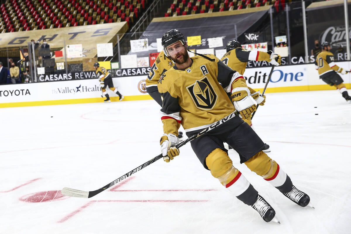 Golden Knights defenseman Alex Pietrangelo warms up before an NHL hockey game at T-Mobile Arena ...