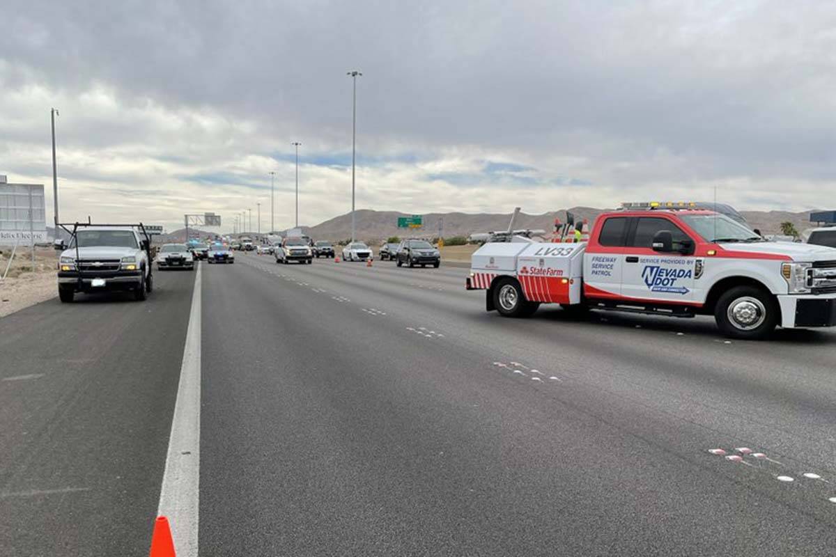 Police investigate a fatal crash involving a pedestrian on Monday, Oct. 4, 2021, on Interstate ...