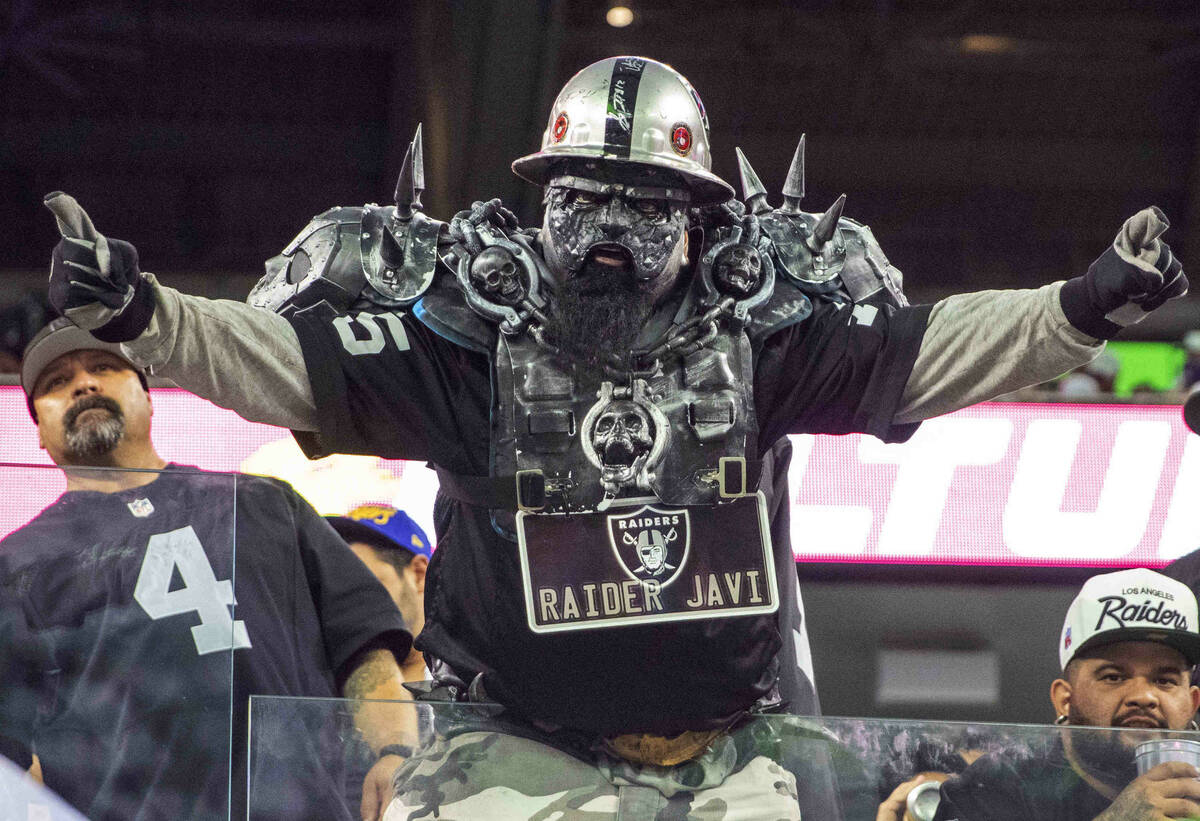 Raiders superfan “Raider Javi” poses for a photo before an NFL football game betw ...