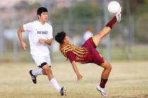 Del Sol's Jose Moran (18) kicks the ball at the goal during the first half of a soccer game at ...