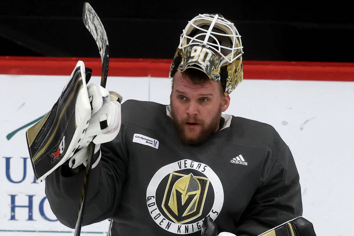 Vegas Golden Knights goaltender Robin Lehner during practice at City National Arena in Las Vega ...