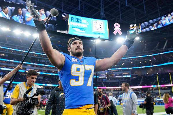 Los Angeles Chargers defensive end Joey Bosa celebrates after the Chargers defeated the Las Veg ...