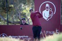 Adam Scott hits on the ninth tee during the Shriners Hospitals for Children Open Pro-Am at TPC ...