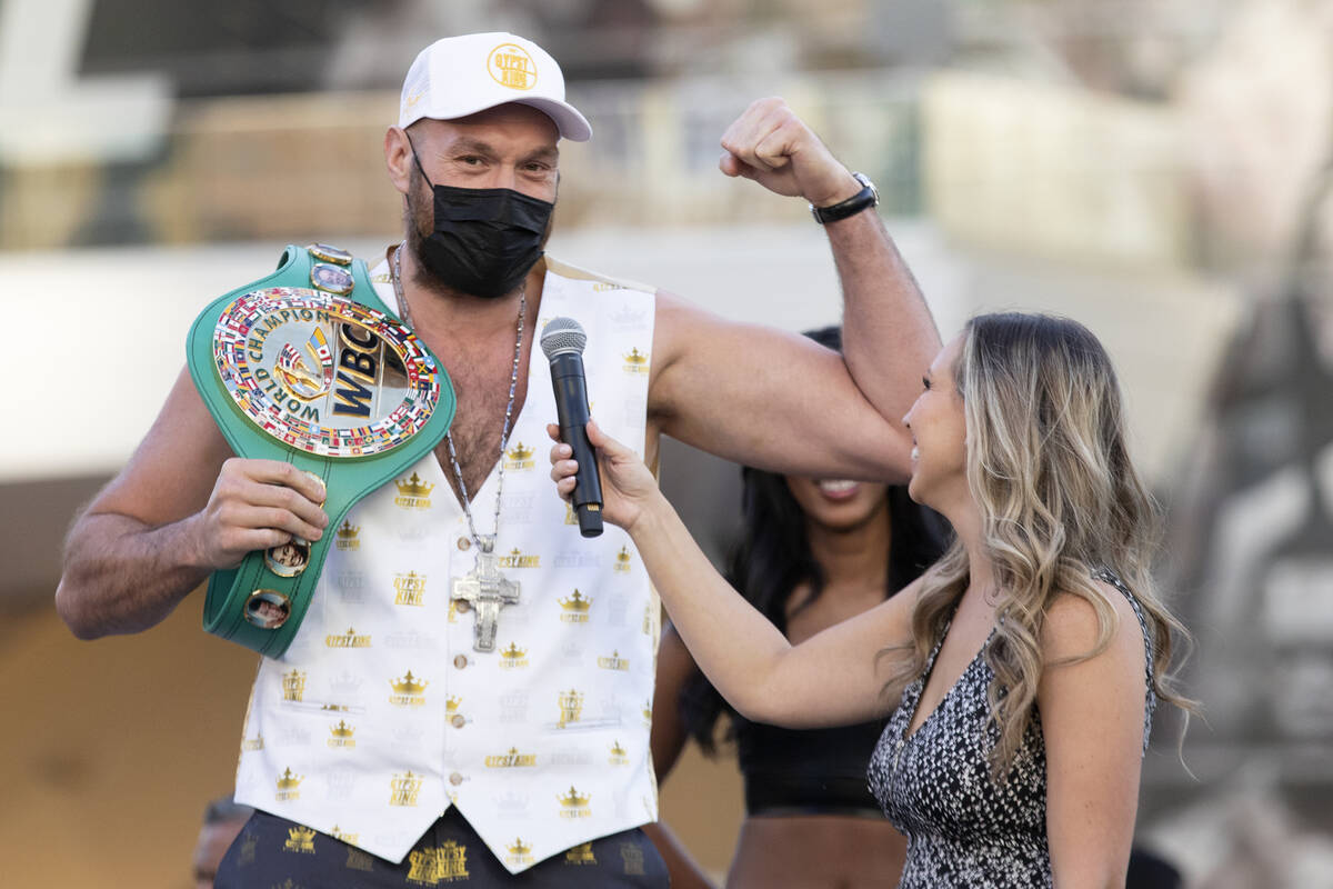 WBC heavyweight champion Tyson Fury speaks to ESPN Top Rank Boxing's Chrystina Poncher during a ...