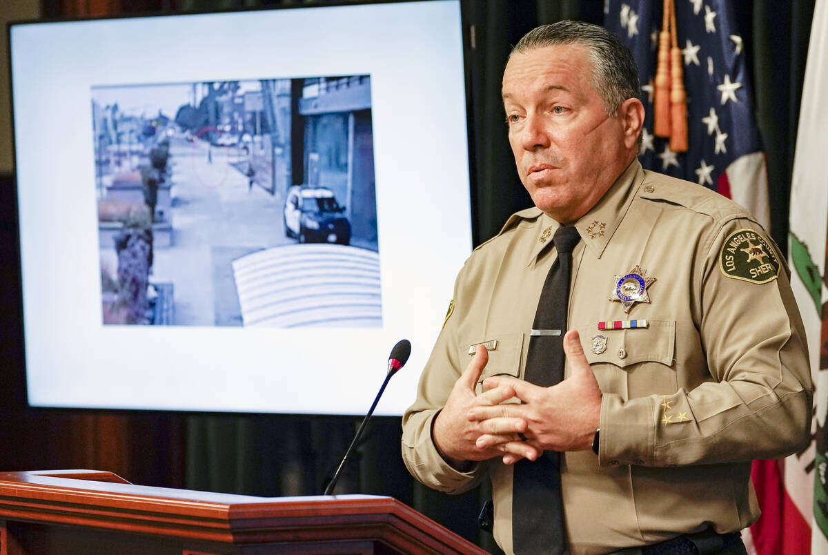 In this Sept. 17, 2020 file photo, Los Angeles County Sheriff Alex Villanueva comments on the i ...