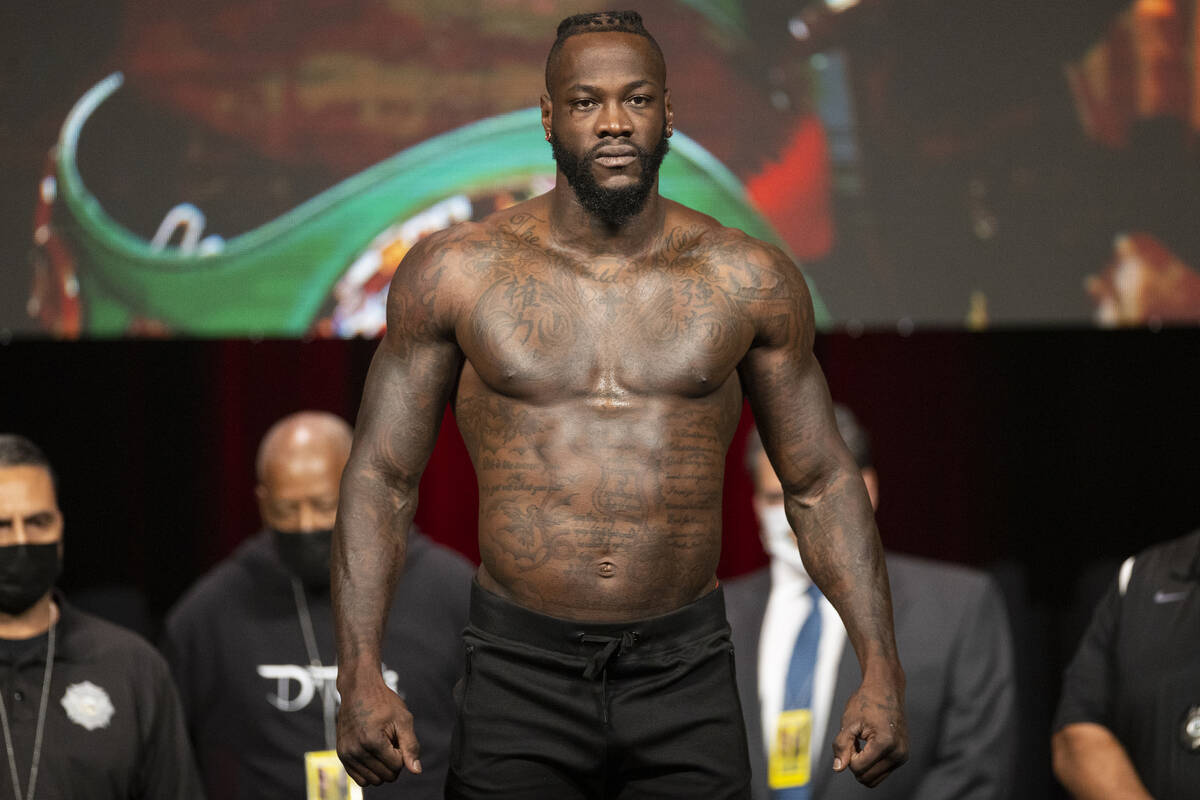 Deontay Wilder stands on a scale during a weigh-in event at the MGM Grand Garden Arena in Las V ...