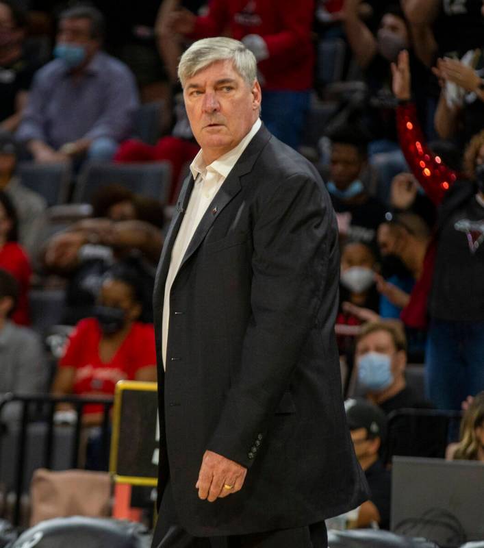Las Vegas Aces head coach Bill Laimbeer looks on the first half of Game 5 of a WNBA basketball ...