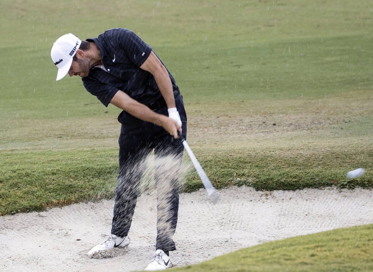 Matthew Wolff of Agoura Hills, Calif., hits from a bunker on the 18th hole during the second ro ...