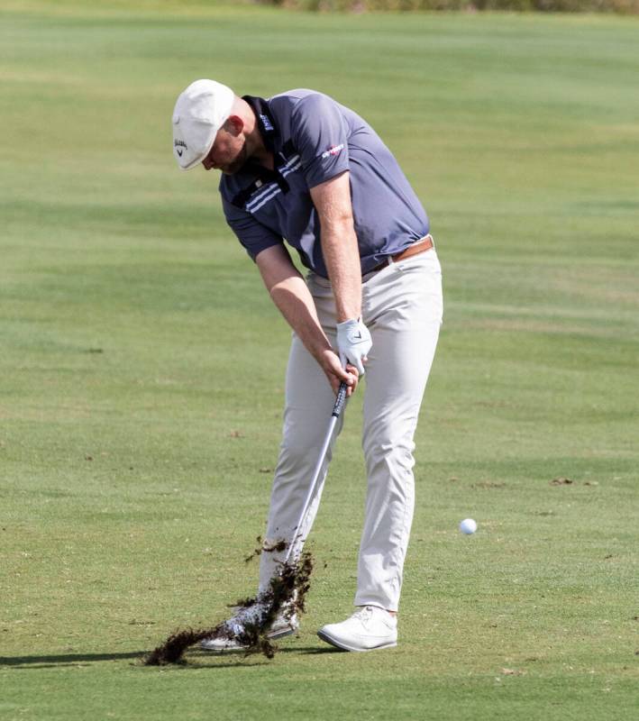 Harry Hall of England hits from the fairway on the 18th hole during the second round of the Shr ...