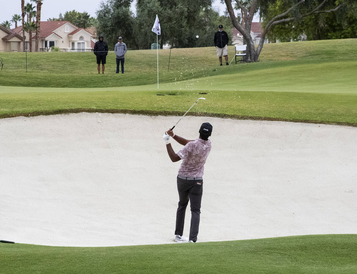 Sahith Theegala of Chino Hills, Calif., hits from a bunker on the 11th hole during the second r ...