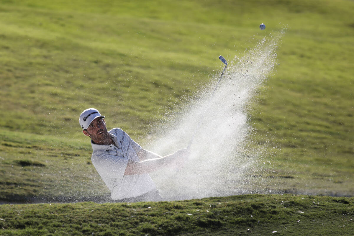 Matthew Wolff hits out of a bunker on the 16th green during the third round of the Shriners Hos ...