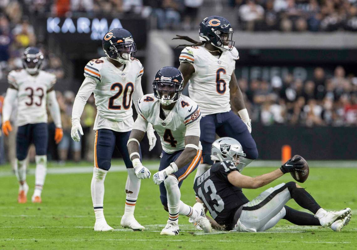 Chicago Bears free safety Eddie Jackson (4) celebrates after stopping Raiders wide receiver Hun ...