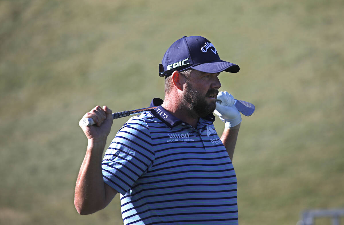 Marc Leishman reacts after teeing off on the 17th hole during the final round of the Shriners H ...