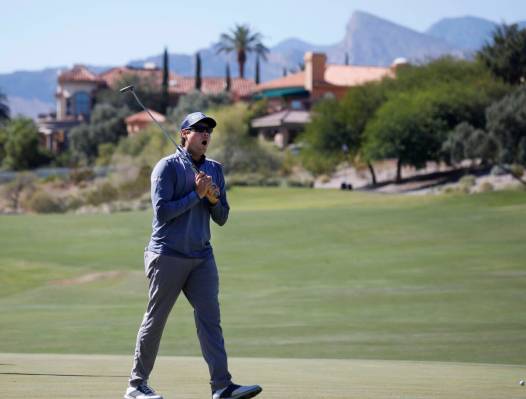 Adam Schenk reacts after putting on the second green during the final round of the Shriners Hos ...